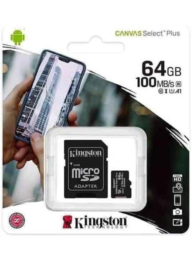 كينغستون بطاقة ذاكرة MicroSDXC بسعة 64GB من Kingston Canvas Select Plus مع محول - Image 1
